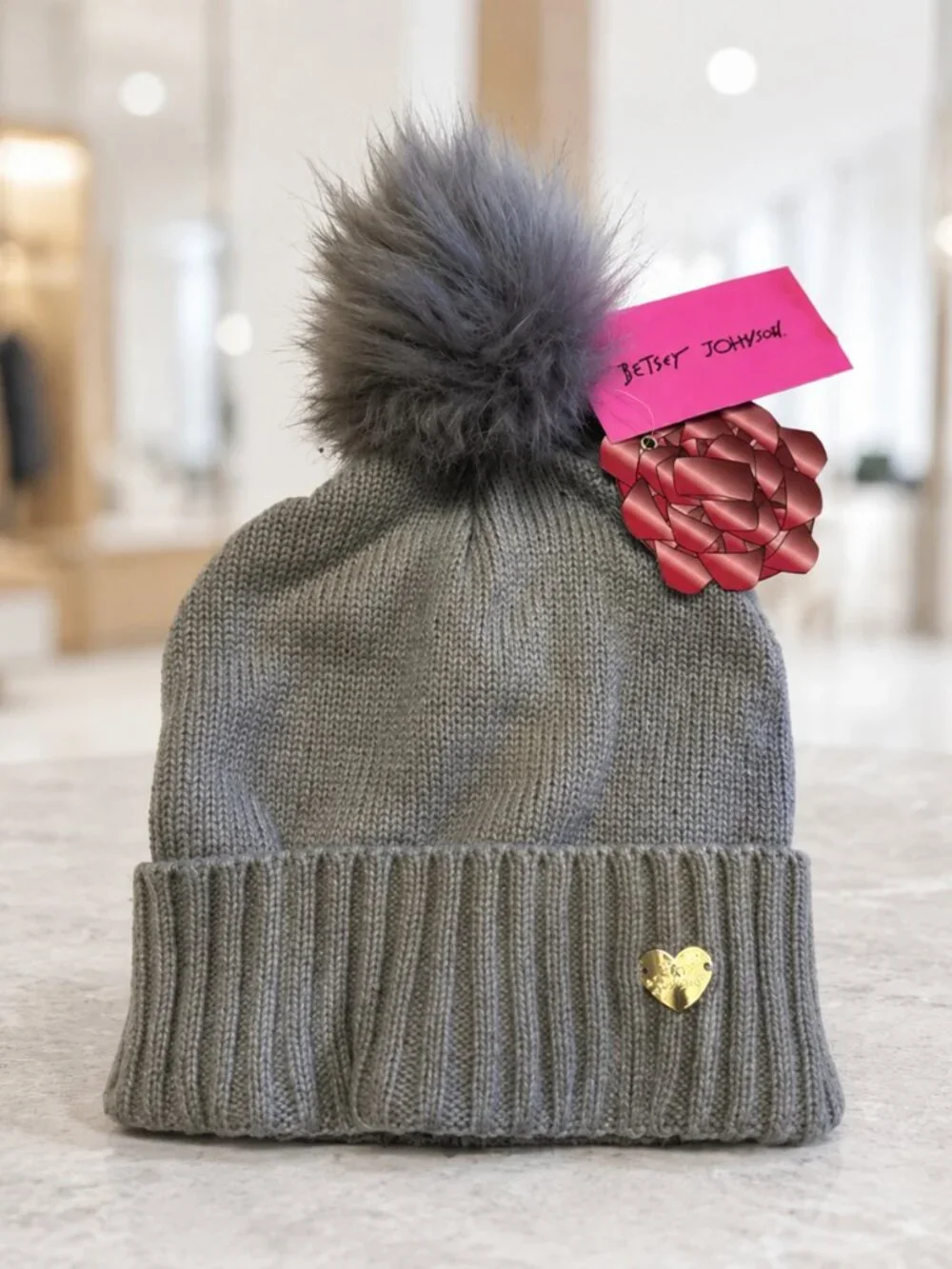 Betsey Johnson Gray Knit Beanie Faux Fur Pom Pom Winter Hat NWT